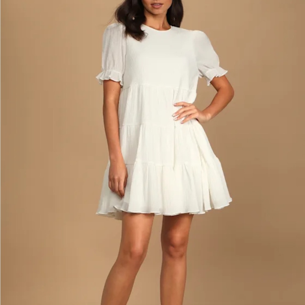 Lulus White Puff Sleeve Tiered Mini Dress